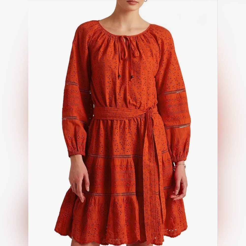 Lauren Ralph Lauren Red Eyelet Mini Dress Broderie Anglaise Belted Sz 10 - Picture 4 of 15